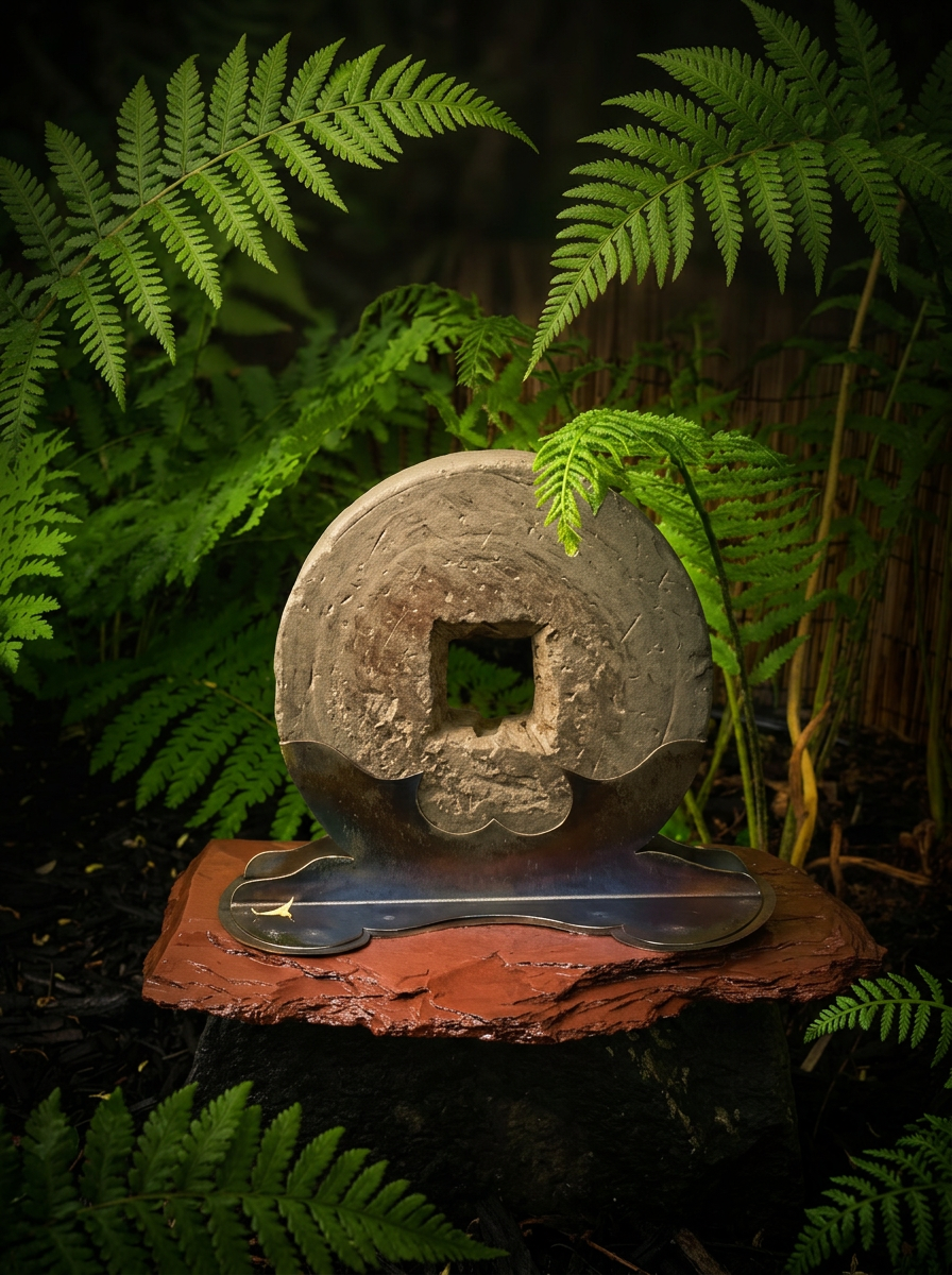 Stone wheel sculpture on slate base among ferns